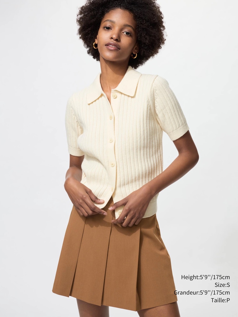 Uniqlo Ribbed Polo Cardigan Cream Short Sleeve Knit Top Small